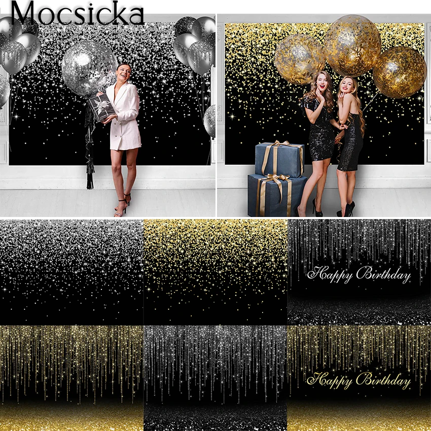 

Mocsicka Glitters Bokeh Black Backdrop for Birthday Confetti Gold Silver Black Party Photocall Photoshoot Photography Background