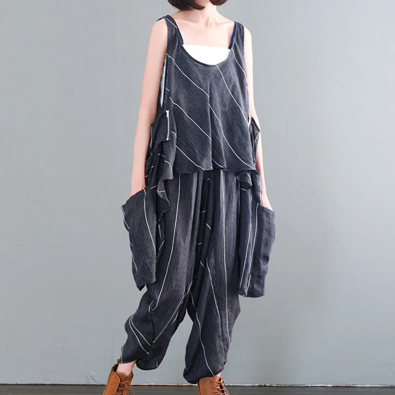 

Fashion Tide Summer New Casual Fashion Temperament Women Loose Plus Striped Vest Irregular Pants Suit TC512
