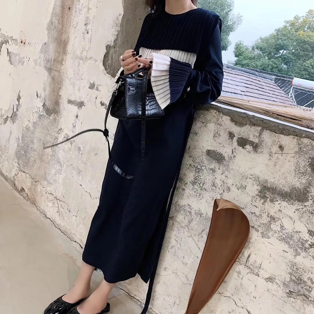 

2019 Autumn New Style Long Sleeve Fold Design Non-mainstream Elegant Pleated Dress Graceful Large Sleeves F4094