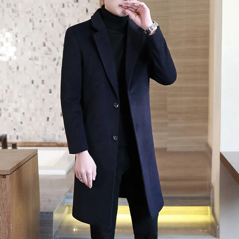 Wool Blend Solid Color Coat Long Thick Warm Jacket Winter Jacket Men Woolen Windbreaker Korean Slim Abrigo Largo Hombre S-4XL