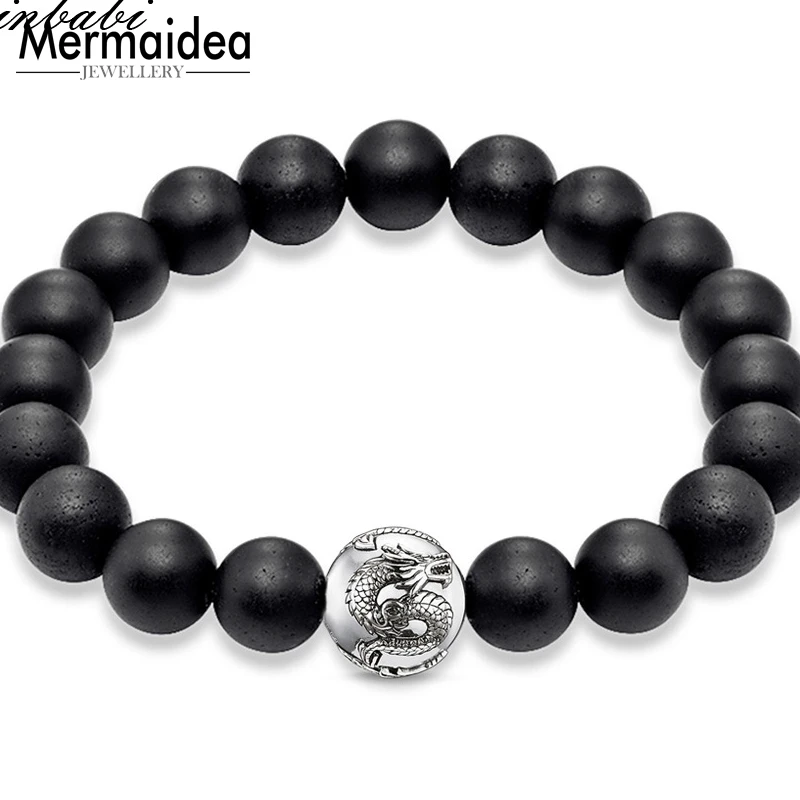 Black Dragon Beads Obsidian Heart Matted Bracelet Rebel silver plated Jewelry Gift For Men | Украшения и аксессуары
