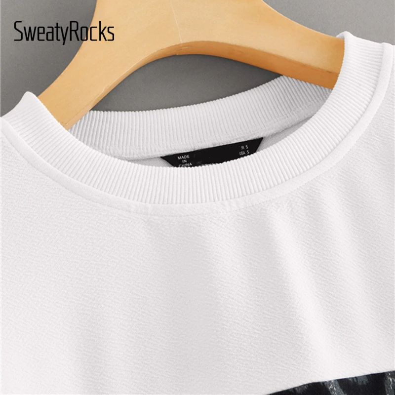 SweatyRocks, белая леопардовая панель, волнистый подол, толстовка, Женские топы с длинным рукавом, осень, пуловер для активного отдыха, Повседневная Толстовка