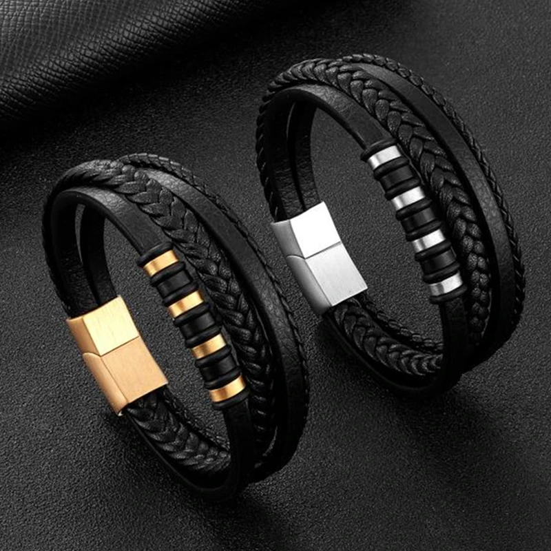 Classic Fashion Multilayer Black Braided Leather Bracelet Suitable for Men's Wrist Party Jewelry