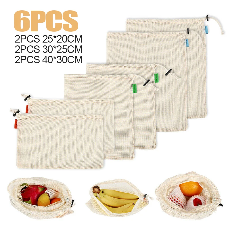 

6pcs Reusable Natural Cotton Mesh Produce Bags 3 Sizes Eco-friendly Grocery Fruit Vegetable Bags for Shopping Storage Home Tools