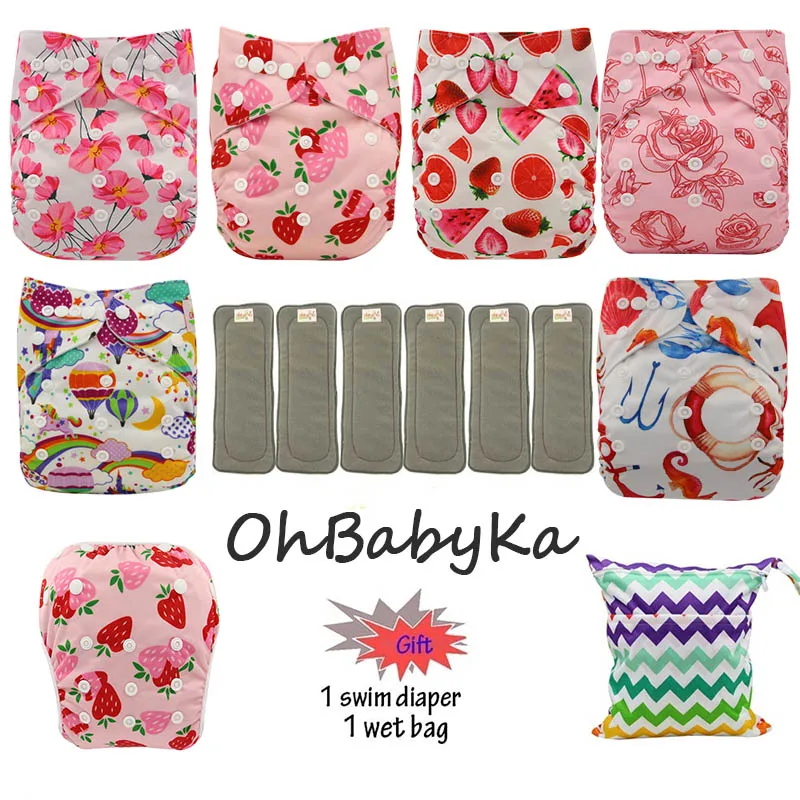 OhBabyKa Washable Baby Cloth Diaper Bamboo Charcoal Reusable All-in-two Pocket Diaper Adjustable+6p