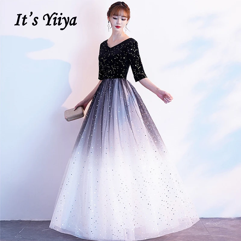 V-neck Evening Dresses It's Yiiya AR438 Gradient Black Velvet Gowns Plus Size A Line Robe De Soiree Long Formal Dress |