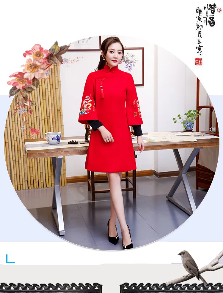 Fragrant Taste Cheongsam Chinese clothing improved Robe Winter Qipao women wool cotton overcoat Asian girls Embroidery Clothing