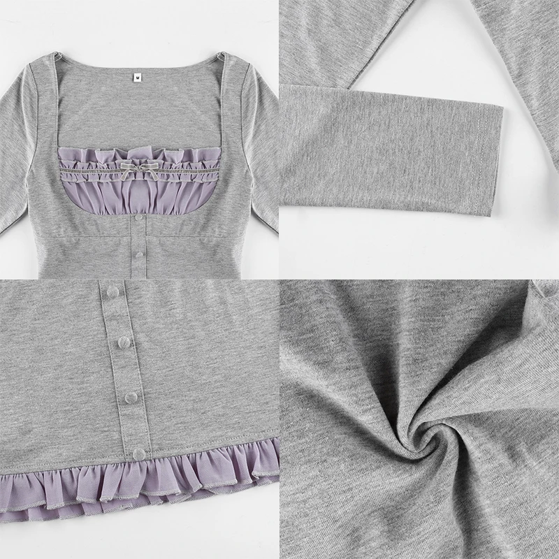 Korean Cute Y2K Retro Cotton Tops Lace Patchwork Buttons Kawaii Tshirts Autumn Square Collar Chic Casual Shirts Cuteandpsycho custom t shirts