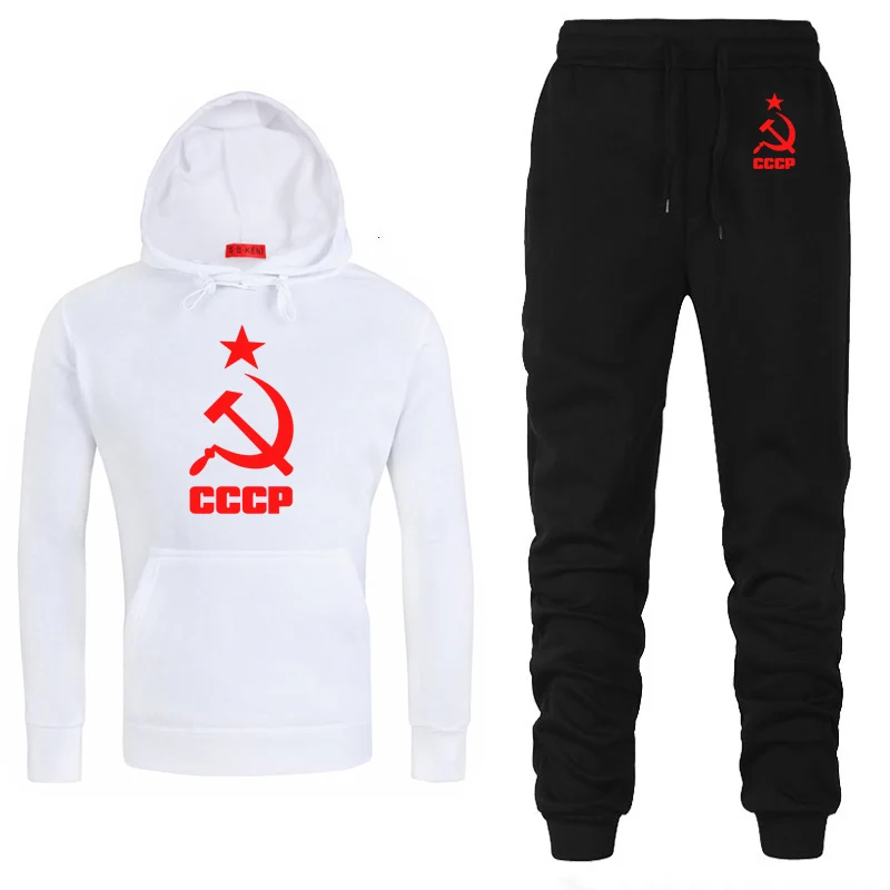 Winter Autumn warm Tracksuit Men Hoodie sweatshirt jacket+sweatpants suit Unique CCCP Russian USSR Soviet Union Print sportwear
