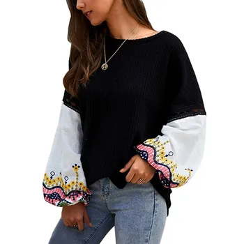 

Women Spring Autumn Lantern Sleeve Knit Sweater Fashion Embroidery Stitching Round Collar Sweater Women Loose Pullovers Tops