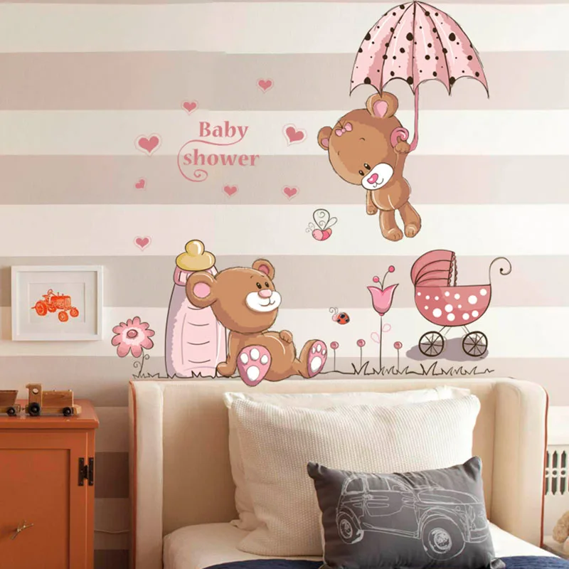 Детская комната украшения настенные наклейки мультфильм милый Детская комната Зонт с медведем бутылки детские наклейки коляски наклейки