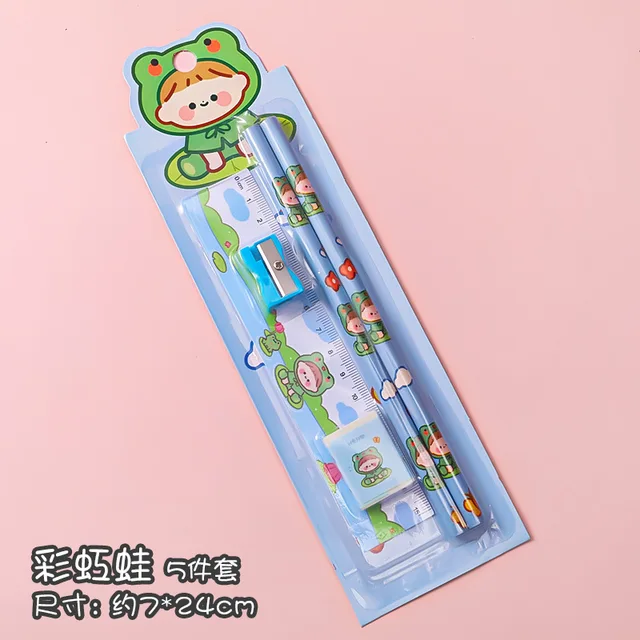 5 In 1 Cartoon Pencil Sharpener Set Students Learn Stationery Eraser Ruler Children Drawing Sketch Supplies Kindergarten Gifts Frog