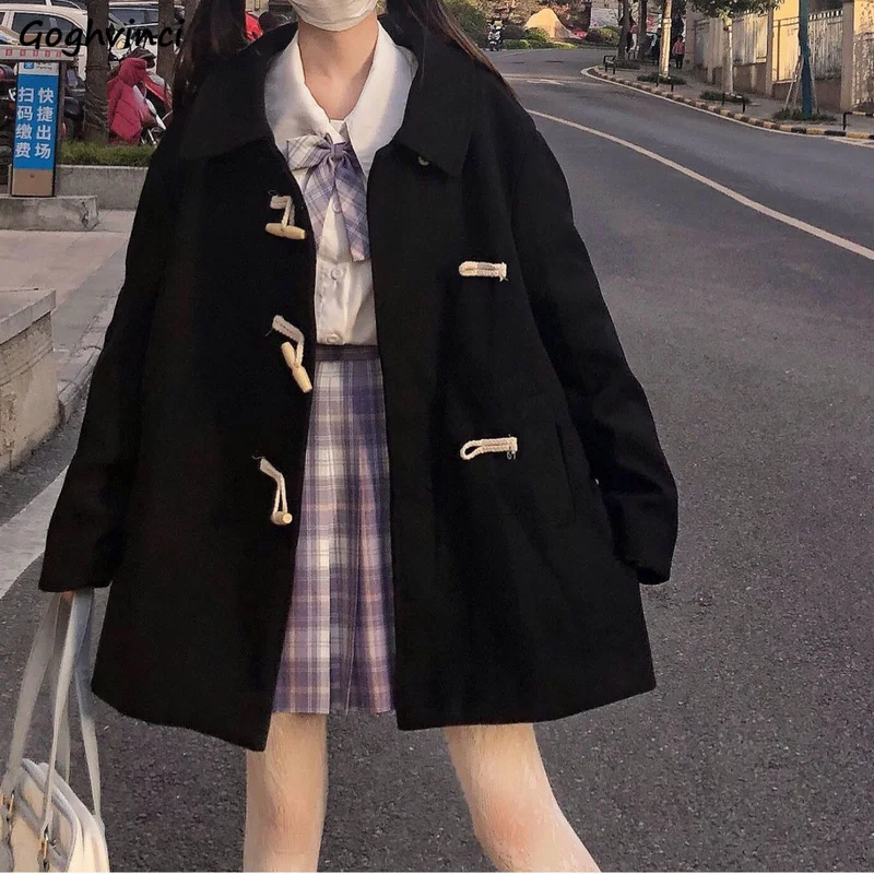 

Women Wool Blends Winter Outwear Gothic Black Vintage Japanese Fashion Tender Horn Buttons Preppy Style JK Loose Casual Kawaii