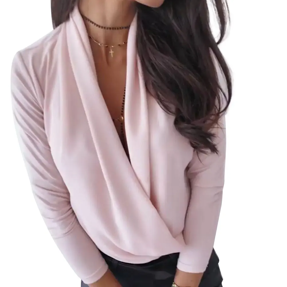 Pretty Womens V-Neck Blouse Draped Long Sleeve Slim Shirts Office Lady Solid Top women V Neck OL blouse solid casual style