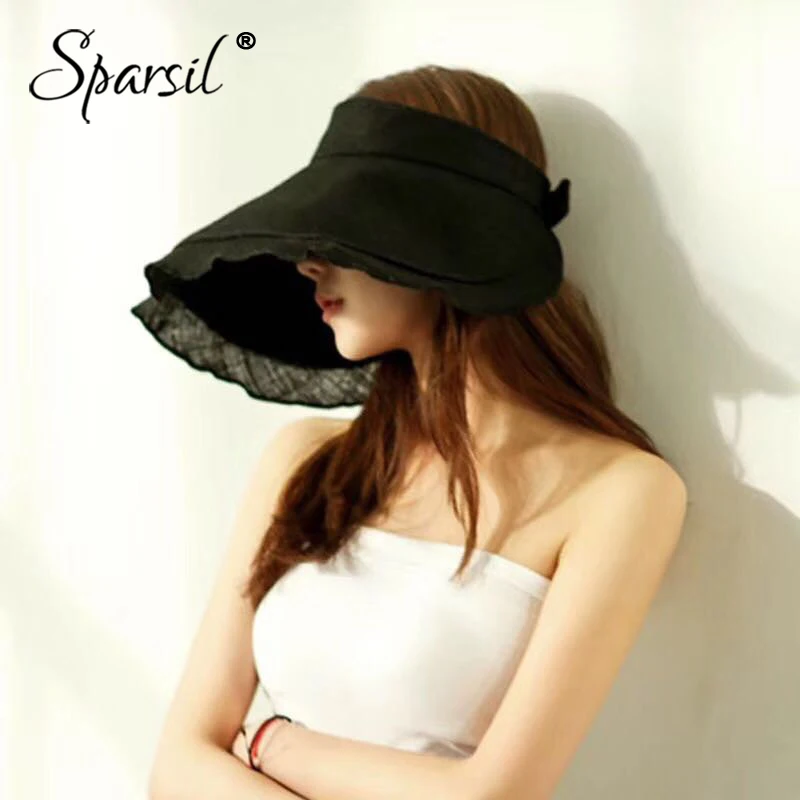 

Sparsil Summer Women Sun Protection Empty Top Hat Adjustable Solid Color Foldable Wide Brim Cap Parent-Child Beach FemaleChapeau