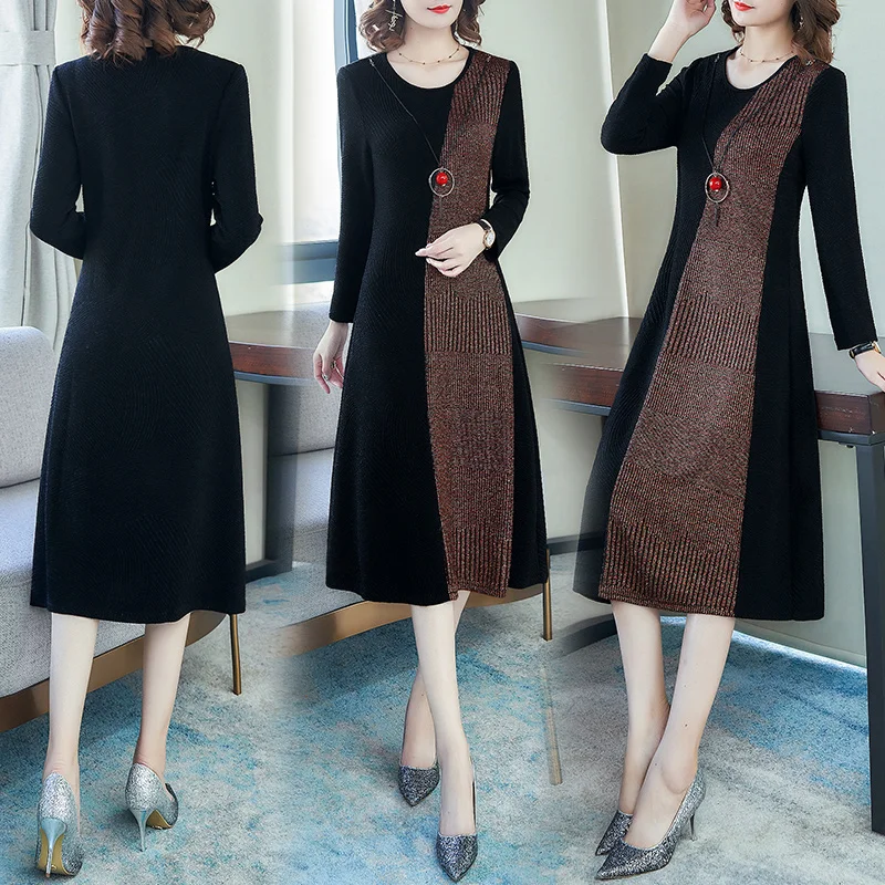 

2020 Spring Women High Waist Mid-Length Over-The-Knee Long-Sleeved Large Size Dress (send necklace)