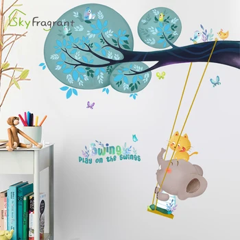 

Cartoon creative baby elephant swing wall stickers cute kids room decoration baby bedroom decor self-adsive stickers home decor