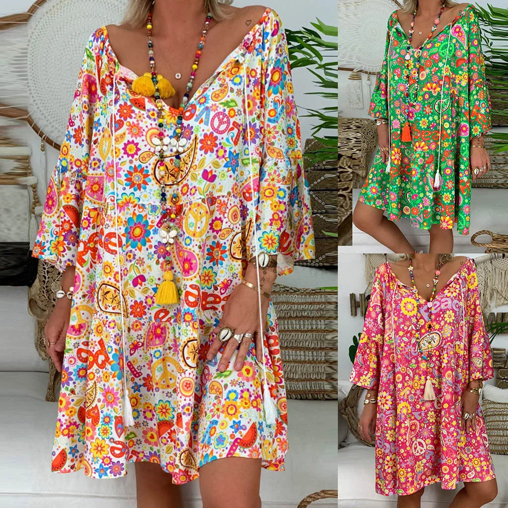

2019 Hot Fashion Women's Ladies Loose Floral Print Three Quarter Sleeve Mini Dress Summer Dress Drop Shipping