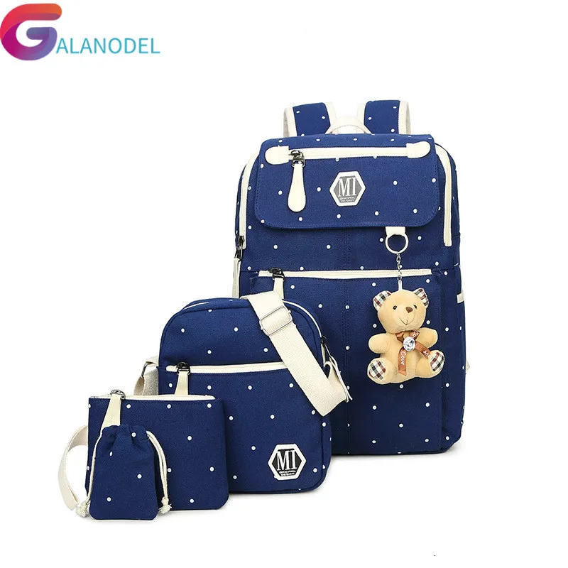 

for blue School Bags dark Teenagers Girls Schoolbag Large Capacity Ladies Dot Printing Canvas School Backpack set Rucksack