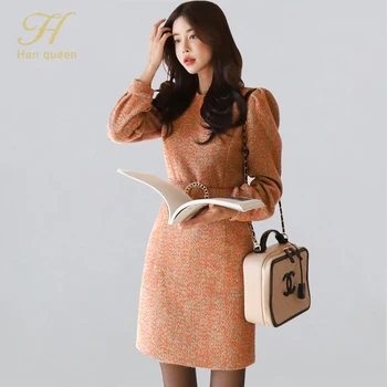 

H Han Queen Elegant Belted Pencil Bodycon Dress Women 2019 Winter O-neck Solid Color Sheath Dresses OL Casual Work Wear Vestidos