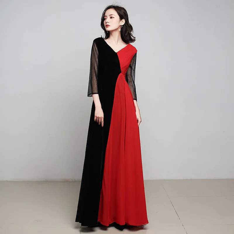 

Formal Evening Dress Black Red Splice A Line Women Party Dress V Neck Floor Length Elegant Gowns Long Sleeve Robe De Soiree K198