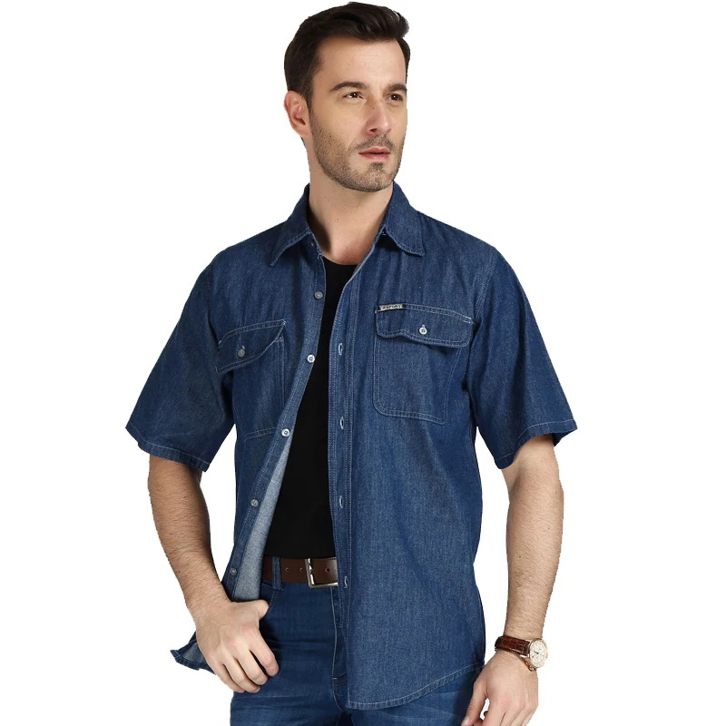 

Men Denim Shirt Short Sleeve Summer Casual Cotton Thin Jeans Shirts Male Dress Shirt With Pocket Brand Men Clothing ZKI10