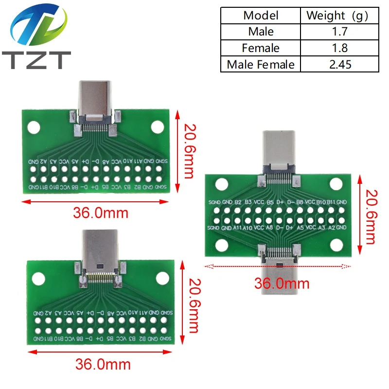 1/3 Stück Typ-C Stecker auf Buchse USB 3.1 Test-PCB-Board-Adapter Typ C 24P 2,54mm Anschlussbuchse für Datenleitung Kabelübertragung – Detail 5