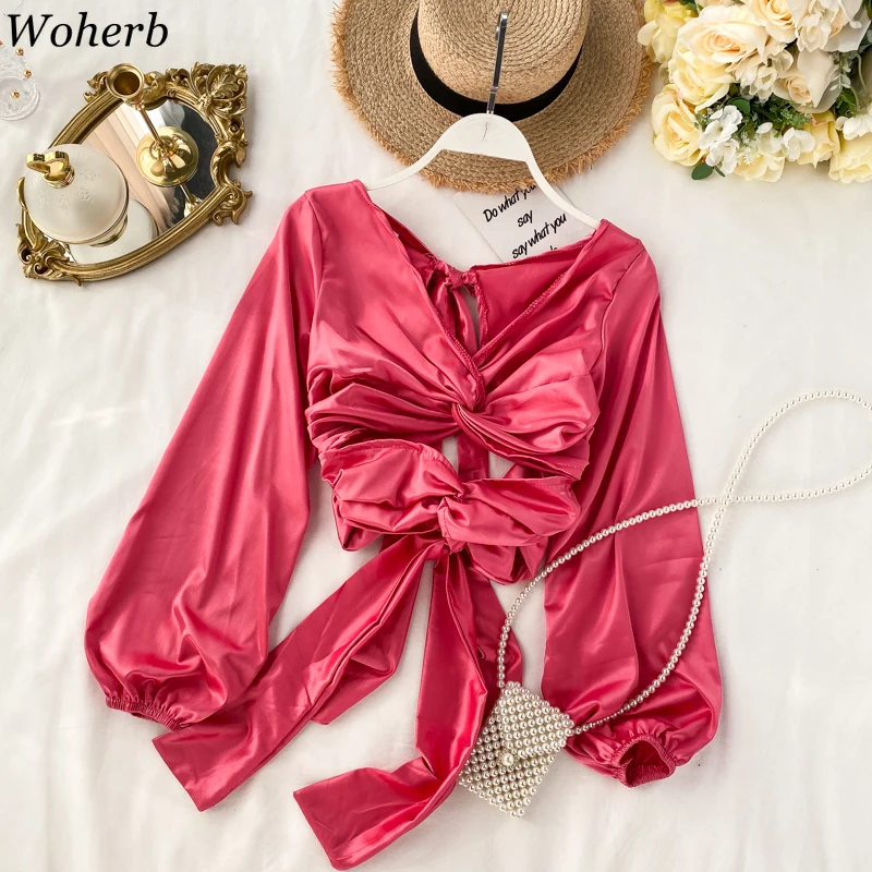 

Woherb 2020 New Satin Blouse Female Sexy Bandage Long Sleeve Tops Sexy Hollow Out Blusas Summer Elegant Shirts Women Streetwear