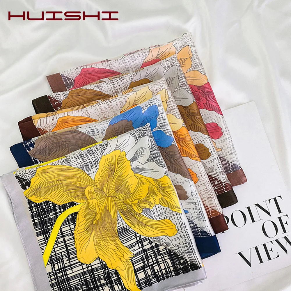 

HUISHI Small Neck Scarf Silk Women Fashion Print Flower Leaves Design Luxury Headband Square Shawl Wrap Bandanna Neckwear Tie