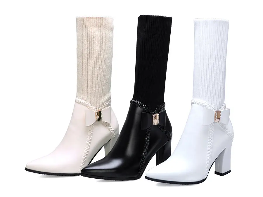 Зимние женские сапоги до середины икры с бантиком; повседневные эластичные вязаные носки с острым носком на высоком массивном каблуке; Цвет черный, белый