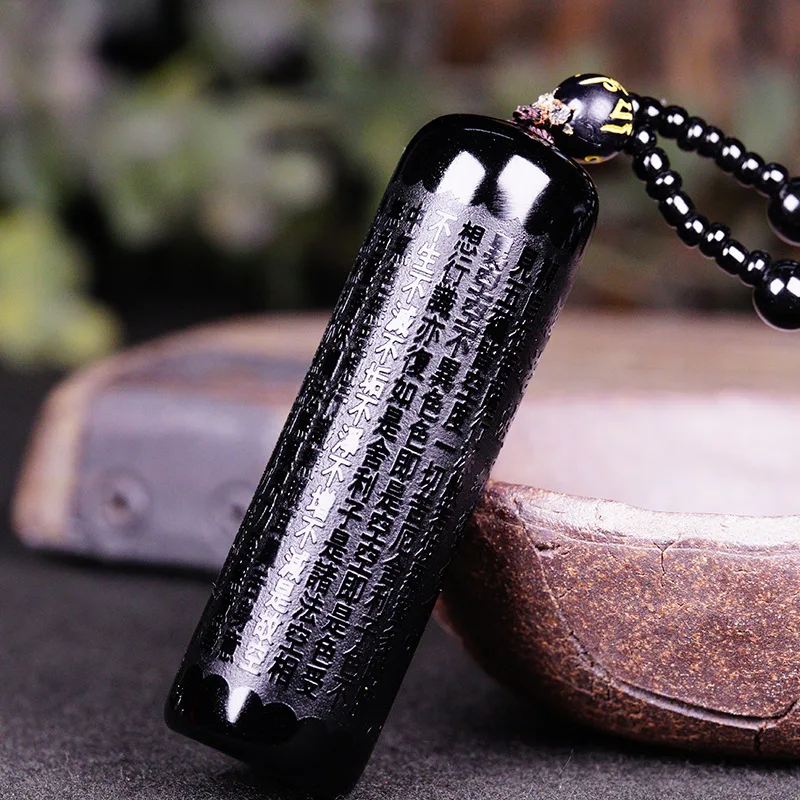 Black Obsidian Buddha Prajna Paramita Sutra Pendant Necklace