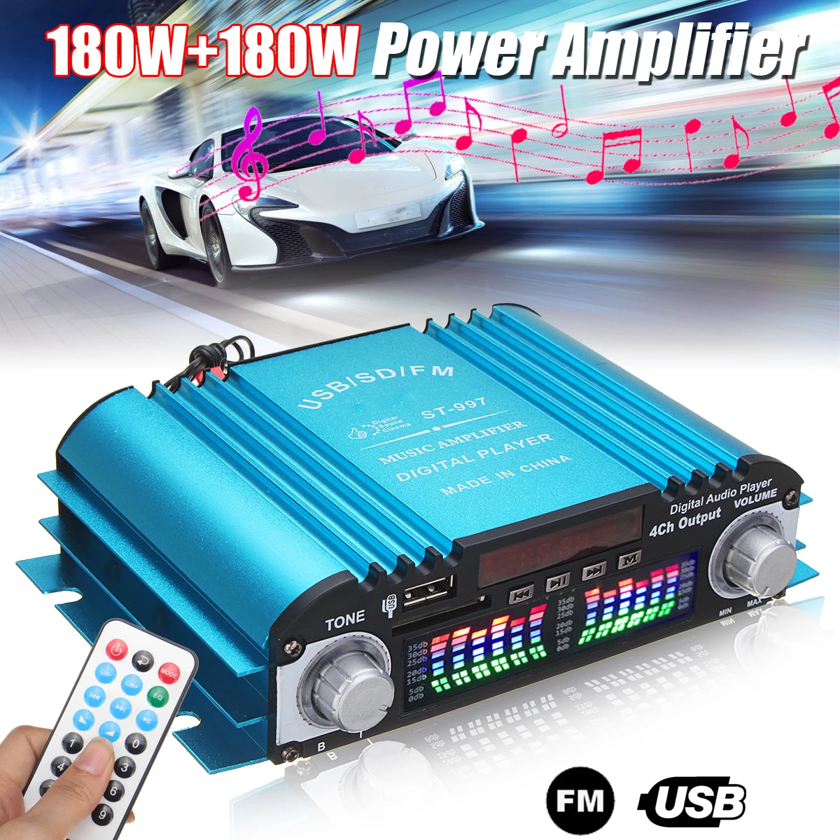KROAK 360 Вт DC 12 В цифровой аудио стерео усилитель 4CH USB SD FM + пульт дистанционного