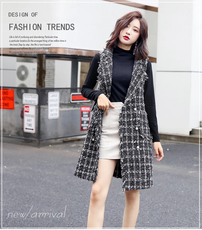Graceful Tweed Plaid Vest Elegant Younger Fashion Versatile Loose-Fit Slimming Simple Sleeveless Overcoat