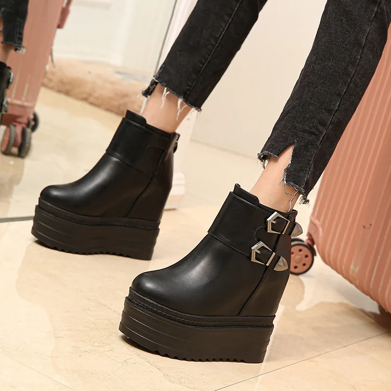

Wedges Womens Boots Black Martin Boots British Style Thick-Soled Increase Within Short Boots 13 Cm Super High Heel Ankle Boots