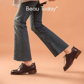 

BeauToday Brogues Shoe Women Genuine Cow Leather Wingtip Fretwork Round Toe Lace-Up Flat Derby Shoes Handmade 21457