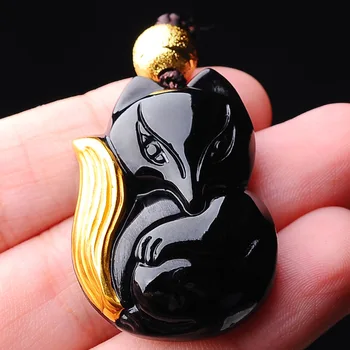 

Fashion High-end Natural Obsidian Hand Carved Fox With Chain Lucky Amulet Pendant Necklace Female Male Brave Fashion Pendant