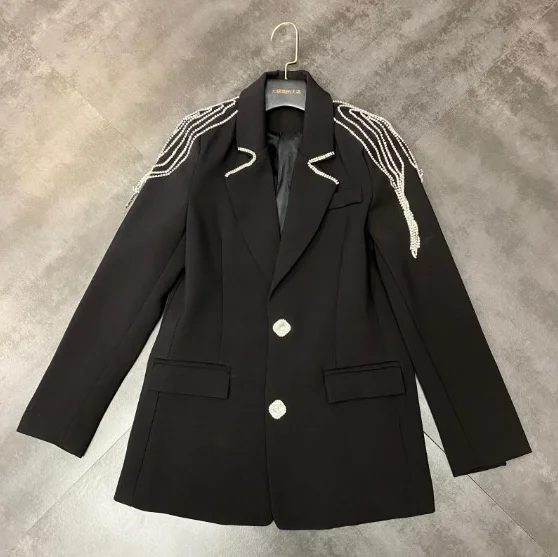 

Fashion Blazer Coat Women 2020 Spring Autumn New Tassel Crystal Shoulder Shiny Diamond Buckle Long Sleeve Suit Jacket Female