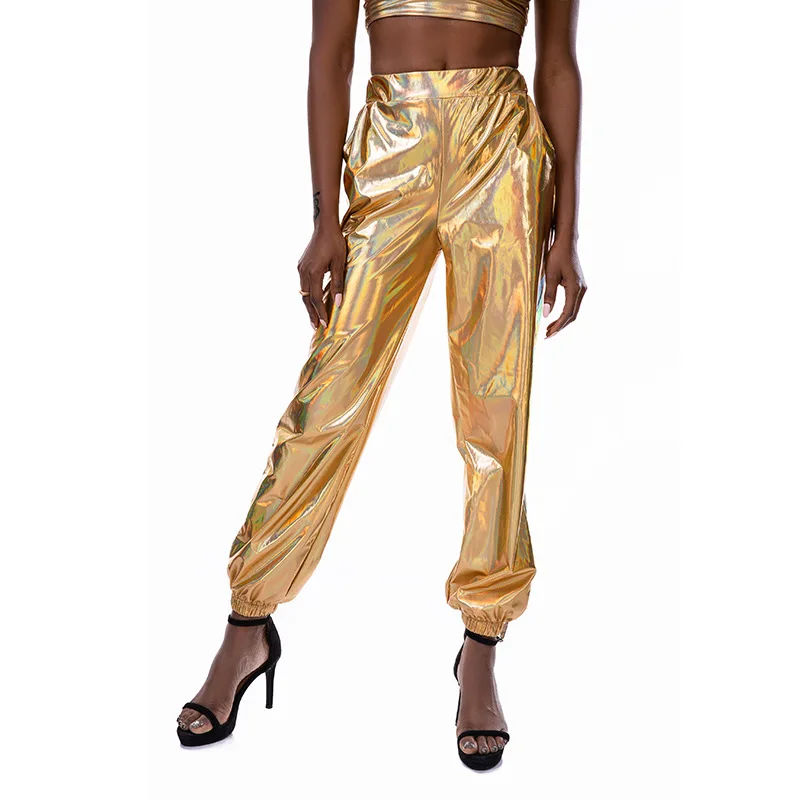 Pantalones Brillantes Para Mujer, Holgados, De Cintura Alta, Metálicos, Para Baile, Rendimiento De Hip Hop, Ropa De Calle, Color Verde Fluorescente, Talla M, Verde Fluorescente