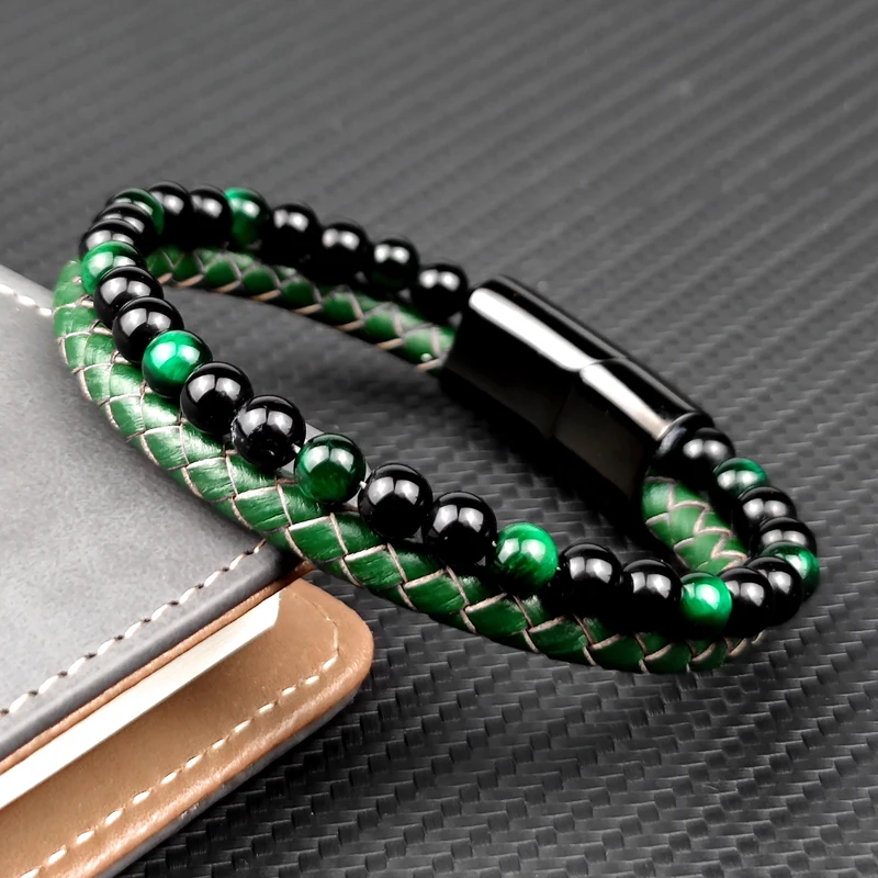 Fashion Green Stone Beads Men Bracelet Multilayer Leather Bracelet Punk Jewelry Stainless Steel Magnetic Clasp Bangles MingAo,bracelet jewelry
