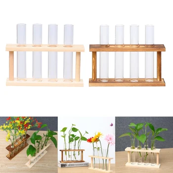 

2x Glass Test Tube Plant Terrarium Cylinder Clear Vase Flower Pots Wooden Stand