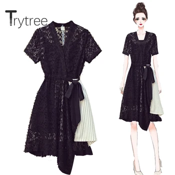 

Trytree 2020 Summer Women two piece set Casual V-neck Tassel Lace Patchwork Stripe Irregular Dress + Sling Solid Set 2 piece set