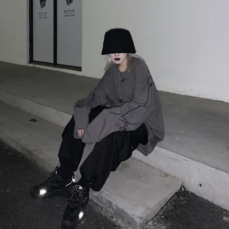Ins Harajuku/Винтажный топ с ручной росписью, Женская Осенняя модная уличная одежда, большая свободная повседневная женская футболка с длинными рукавами