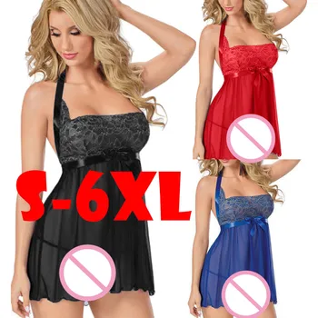 

New Plus Size 6XL Women Sleepwear Sexy Lingerie Babydoll Chemises Garter perspective lace lingerie Nightwear Mini Nightdress A40