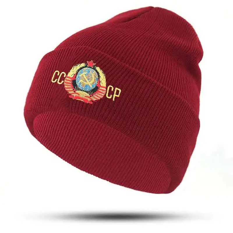

CCCP 3D Embroidery Knitted Hats Top Lucky Red Russia Emblem Communism Beanie Cap USSR Soviet Badges Sickle Hammer Christmas Gift