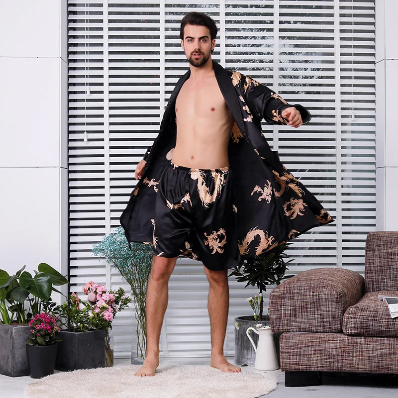 

Luxury Two-piece Robe Suit Male Silky Satin Dressing Gown Extra large 5XL Robe With Dragons Mens Satin Bathrobe Silk Kimono Men