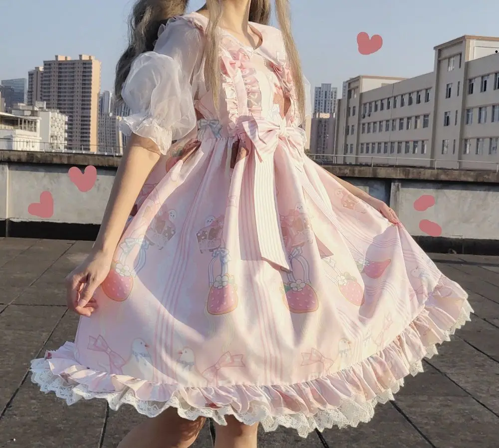 Japanese Style Kawaii Lolita Jsk Drsss Women Cute Cartoon Print Lace Bow Princess Dresses Girls Sweet Party Mini Dresses