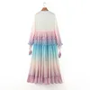 BOHO Gradient Rainbow Color Single-breasted Button Long Dress Sexy Women Holiday Wood ear Tassel Long Sleeve Ruffles Dresses ► Photo 2/6