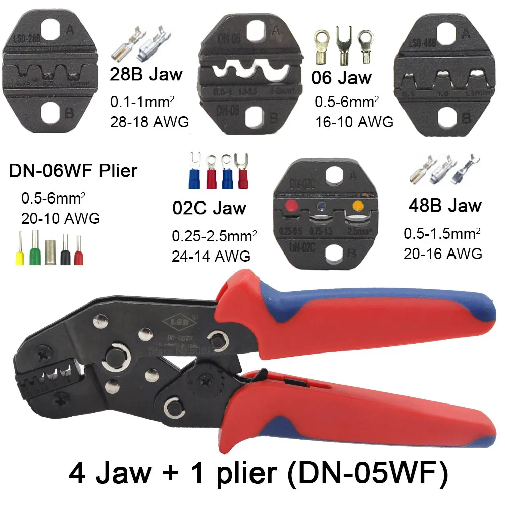 DN-05WF and 4 jaws Плоскогубцы Набор трещотка провода терминал обжимной инструмент для штепсельной вилки/трубки/изоляции/неизоляционные/обжимной колпачок/коаксиальный кабель терминалы комплект кримпер - Цвет: DN-05WF and 4 jaws