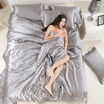 

3/4Pcs Soft Satin Soft Quilt Duvet Cover Pillowcases Bed Sheet Bedding Set Skin-friendly Home Bedclothes