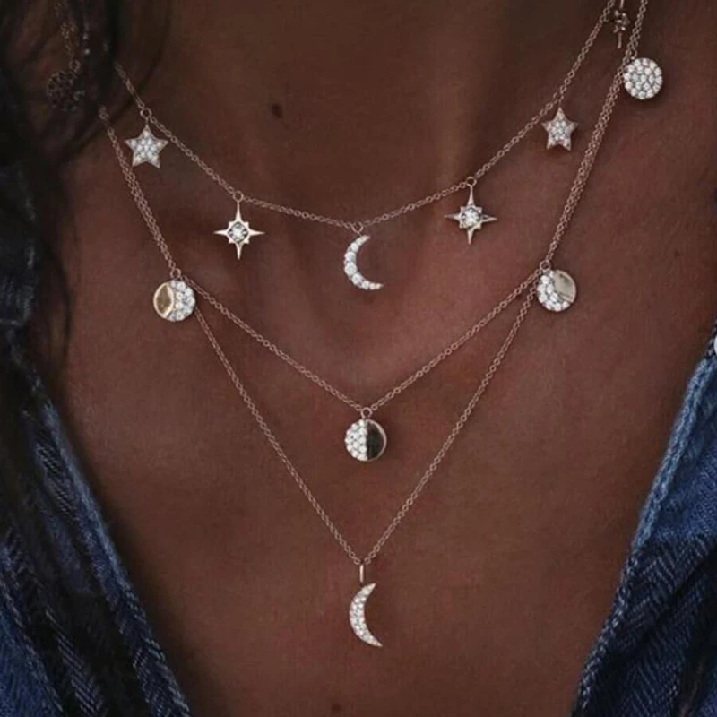 Moon Star Cresent ожерелье женский кулон многослойный чокер с несколькими слоями цепи